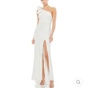 Mac Duggal White One-Shoulder Evening Gown with Side Slit